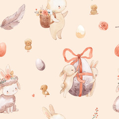 watercolor easter bunny seamless pattern illustration for kids