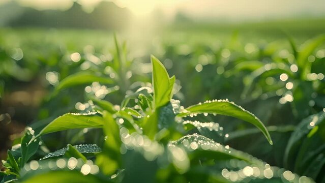 A closeup of a row of biofuel crops with droplets of water glistening on their leaves from the center pivot irrigation system in the background. In the foreground a bee rests on a .