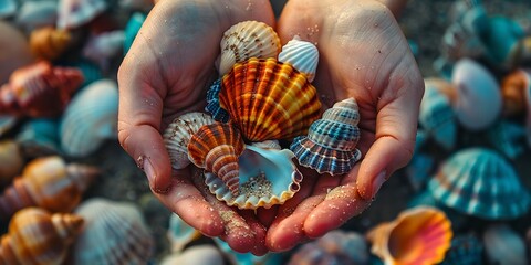 In-depth of hands full of distinctly vivid seashells deployed as aesthetically pleasing accents backdrop of sea sand and space, Generative AI.