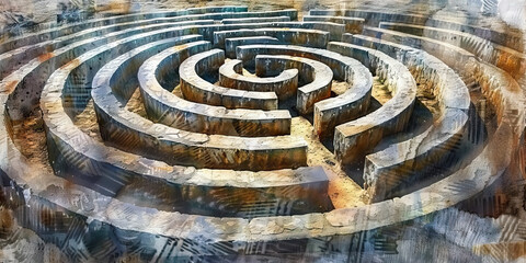 Fototapeta na wymiar Questioning Faith: The Labyrinth and Wandering Path - Visualize a labyrinth with a wandering path, illustrating the journey of questioning and doubt that can be part of the experience of sadness withi