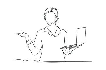 Continuous one line drawing female customer service holding laptop and making welcome gesture. Marketing Concept. Single line draw design vector graphic illustration.