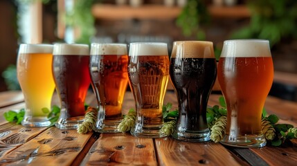 Variety of Beers with Hops on Wooden Table. Selection of different beer types in glasses arranged on a wooden surface, garnished with fresh hop cones.