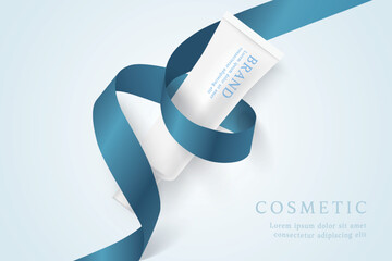 Cosmetic product ads template on white background with blue ribbon.