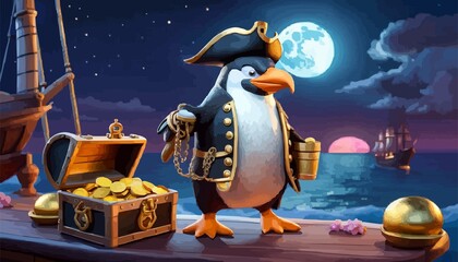 anthropomorphic penguin pirate with pirate hat on pirate ship full of gold coins. Generative AI