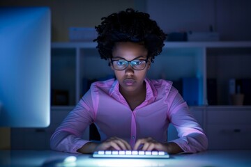 Professional Photography of a tired but determined employee typing away at their computer in a...