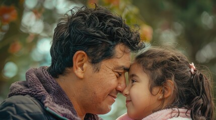 In the park a Hispanic father lovingly embraces his young daughter as they share a heartwarming moment outdoors gazing into each other s eyes with bright smiles - obrazy, fototapety, plakaty