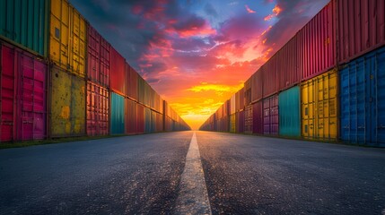 Fototapeta premium At sunset, colorful shipping containers, with a cargo container ship and cargo plane being loaded and unloaded by a crane bridge in the busy shipyard, highlight logistics and transportation operations