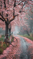 Fototapeta premium A bicycle parked under a cherry blossom tree in full bloom.