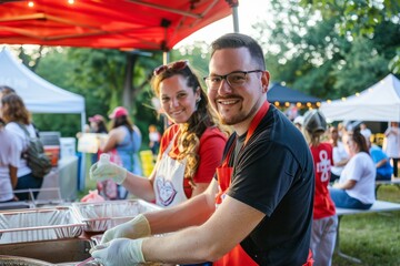Professional Photography of employees volunteering their time after hours to organize a charity event or fundraiser, Generative AI