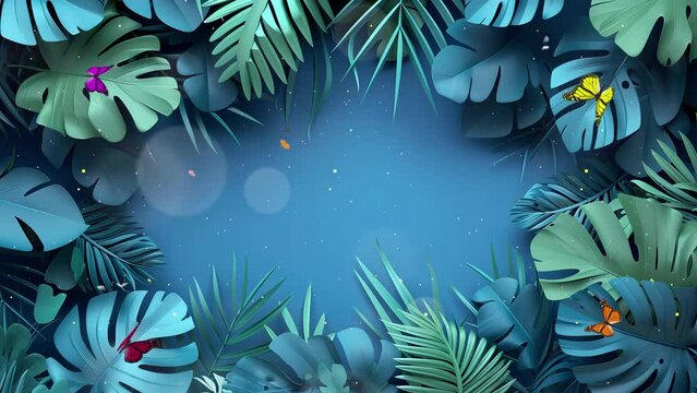render tropical paper leaves blue scene background. seamless looping overlay 4k virtual video animation background