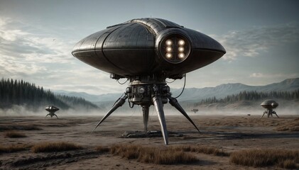 Large, futuristic spacecraft with legs landed in a barren landscape, with smaller crafts and misty forests in the background.