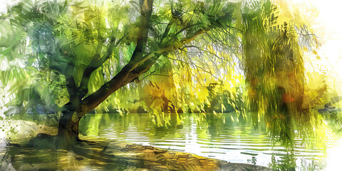 Weeping Willow and Sheltering Branches - Imagine a weeping willow tree with its branches providing shelter, illustrating the comfort and refuge that religion can offer to the grieving - obrazy, fototapety, plakaty