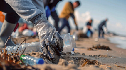A close-up of a hand picking up waste from the ground, with people cleaning the beach in the background. International coastal cleanup day.
