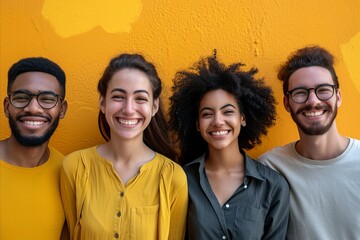 Portrait of happy multiethnic group of friends standing against yellow wall