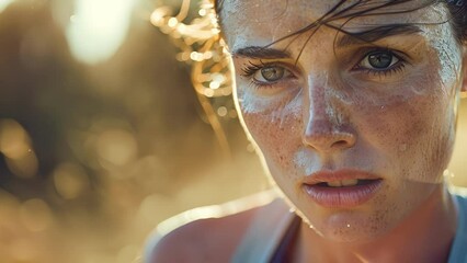Closeup of a womans sweatdrenched face as she jogs along a scenic path the determination in her expression a testament to the importance of regular physical activity for overall health. .