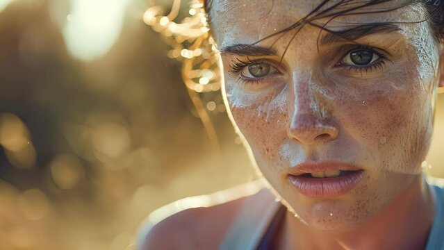 Closeup of a womans sweatdrenched face as she jogs along a scenic path the determination in her expression a testament to the importance of regular physical activity for overall health. .