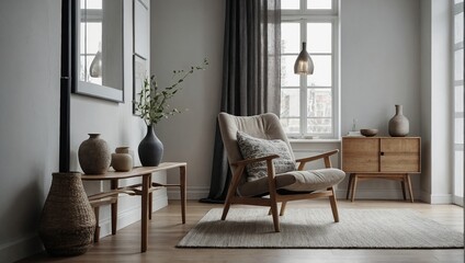 View of modern scandinavian style interior with chair and trendy vase, Home staging and minimalism concept