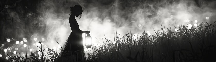 A girl holding a lantern walks through a foggy field at night. - obrazy, fototapety, plakaty