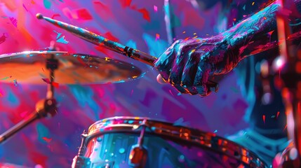 Vibrant abstract painting of a drummer in action, bursting with dynamic colors and motion.
