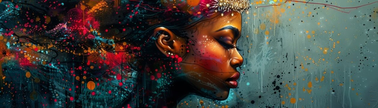 A painting of a black woman with colorful hair and makeup.