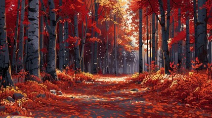 Tranquil autumn forest with colorful leaves on trees, showcasing natural beauty in vibrant fall colors