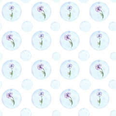 Seamless pattern with watercolor flowers and bubbles