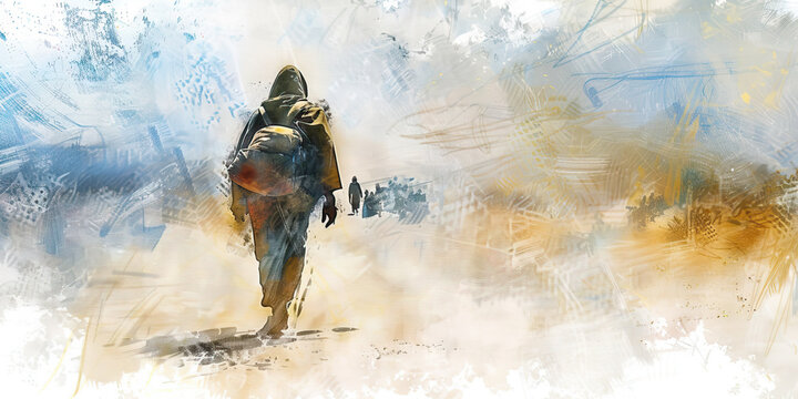 Pilgrimage and Burdened Shoulders - Visualize a pilgrim with burdened shoulders on a journey of faith, illustrating the way in which religious practices can be a source of strength and comfort during 