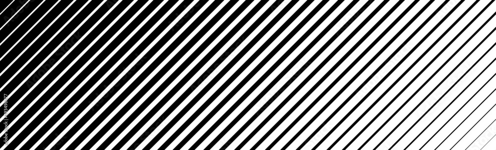Poster Oblique line halftone gradation texture. Fading diagonal stripe gradient background. Slanted pattern backdrop. Thin to thick stripe vanish backdrop for overlay, print, cover. Vector wide background