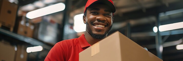 With a warm smile and a firm grip on the box, the postal worker exemplifies a commitment to providing friendly and efficient delivery service - obrazy, fototapety, plakaty