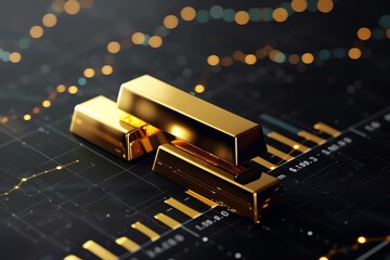 Visualize a striking image of a growth gold bar amidst a financial investment stock diagram on a black profit graph background, representing the concept of global economy trade and capital marketing