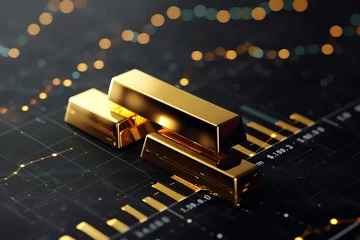 Fotobehang Visualize a striking image of a growth gold bar amidst a financial investment stock diagram on a black profit graph background, representing the concept of global economy trade and capital marketing © JK_kyoto
