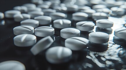A closeup view of spilled white pills on a smooth, sleek surface, highlighting their glossy texture - obrazy, fototapety, plakaty