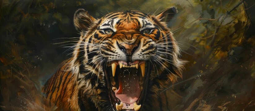 A fierce tiger showing a threatening expression with its mouth open and displaying its sharp teeth