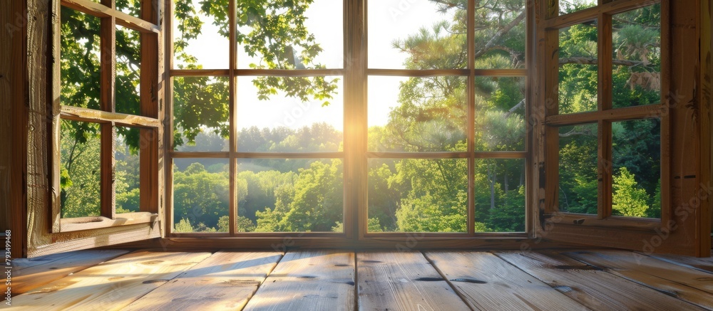 Poster window with a clear view of tall trees and greenery in the expansive forest landscape