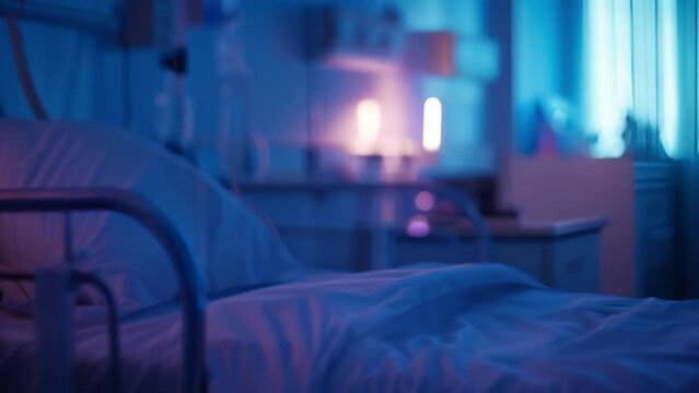 A delicate and muted defocused background depicting a serene hospital room during the midnight shift. The pale blues and purples in the background create a somber and tranquil ambience .