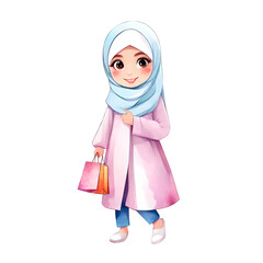 Cute Adorable Islamic Hijab Girl with Shopping Bags Isolated Transparent Cartoon Illustration

