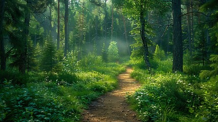 Obraz premium A serene ambiance in a dense forest with sunlight filtering through tall evergreen trees highlights the natural wilderness