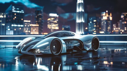 Futuristic sports car reflecting moonlight, skyscrapers towering in the background, crisp details, visible cutting-edge dashboard
