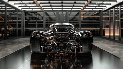 High-contrast, detailed engine view through the transparent body of a concept car, in a simple yet elegant garage setting