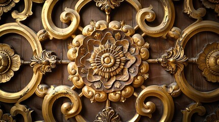 There is an image of a 3D gold-colored metal flower with intricate details mounted on a dark wood background.