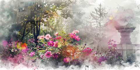 Garden of Grief and Blooming Flowers - Visualize a garden of grief with blooming flowers, illustrating the beauty and growth that can come from experiencing sadness within a religious - obrazy, fototapety, plakaty