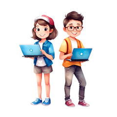 Couple Of Cute Techie Couple Standing And Smiling Isolated Transparent Cartoon Illustration
