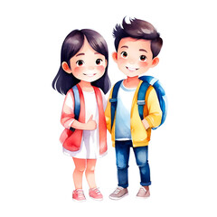 Cute Adorable Cheerful Boy And Girl Schoolmates Kids Isolated Transparent Cartoon Illustration
