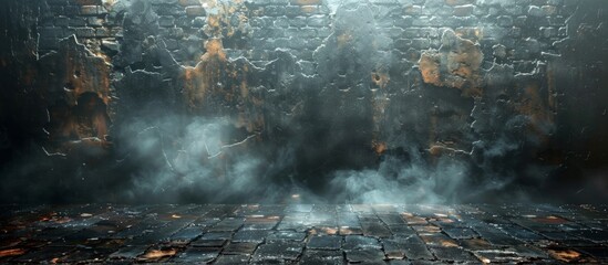 Fototapeta premium A dimly lit room with a brick floor is seen releasing smoke, creating an eerie atmosphere