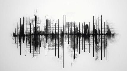 Abstract black and white painting resembling a cityscape reflected in water, with text overlay.