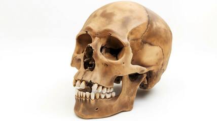 A human skull with a complete dentition set, displayed laterally on a white background.