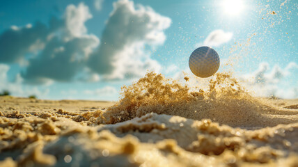 Golf ball mid-flight over a sand trap, with sand spraying under a blue sky.