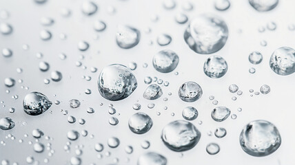 Water droplets of varying sizes on a smooth, reflective surface with a soft-focus background.