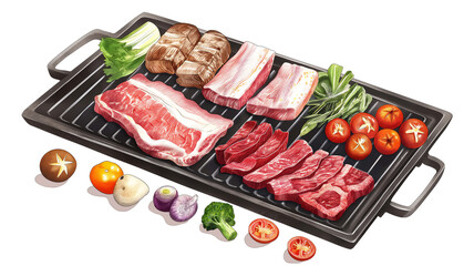 Various cuts of raw meat and fresh vegetables arranged on a black grill pan.