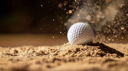 Golf ball impacting sand with a dynamic explosion of particles.